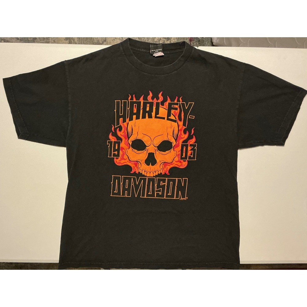 VTG Y2K Harley Davidson 2003 Skull Flames‎ T Shirt Mens XL Black Cowboy Grunge
